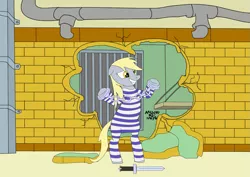 Size: 1123x794 | Tagged: safe, artist:amaguq, derpibooru import, derpy hooves, pegasus, pony, broken wall, clothes, cody travers, crossover, cuffs, female, final fight, handcuffed, knife, prison cell, prison outfit, prison stripes, solo, street fighter, street fighter alpha 3, street fighter zero 3, vector
