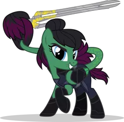 Size: 1280x1263 | Tagged: artist:mlp-trailgrazer, clothes, cosplay, costume, derpibooru import, female, gamora, mare, marvel, oc, prehensile tail, safe, solo, sword, tail hold, weapon