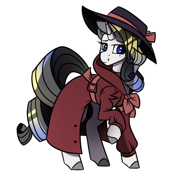 Size: 1050x1050 | Tagged: safe, artist:crimmharmony, derpibooru import, rarity, oc, oc:shadow spade, pony, unicorn, fallout equestria, fallout equestria: kingpin, sparkle's seven, beauty mark, blank, blank of rarity, blue eyes, clothes, coat, commissioner:genki, detective, detective rarity, hat, horn, justice mare, lawbringer, not rarity, simple background, solo, standing, transparent background, trenchcoat, unicorn oc