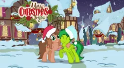 Size: 3499x1922 | Tagged: safe, artist:kathrinethegamerpony, derpibooru import, oc, oc:evergreen feathersong, oc:kathrine, unofficial characters only, pegasus, pony, base used, christmas, female, hat, holiday, hug, mare, santa hat, snow