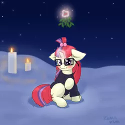 Size: 2000x2000 | Tagged: safe, artist:kumakum, derpibooru import, moondancer, pony, unicorn, blushing, candle, christmas, cute, dancerbetes, female, high res, holiday, holly, holly mistaken for mistletoe, magic, mare, snow, solo, telekinesis