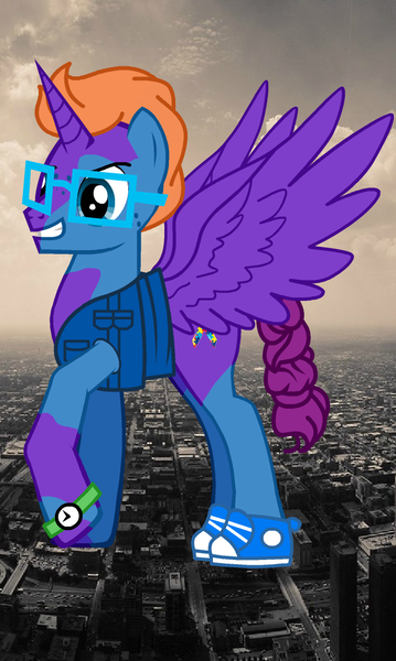 Size: 720x1202 | Tagged: safe, artist:calebtyink, derpibooru import, edit, oc, oc:clepsydra, unofficial characters only, alicorn, pony, pony creator, alicorn oc, city, cityscape, clothes, freckles, giant pony, glasses, horn, irl, macro, macro/micro, male, photo, photo edit, shoes, solo, spread wings, stallion, watch, wings