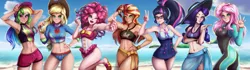 Size: 2844x800 | Tagged: safe, artist:the-park, derpibooru import, applejack, fluttershy, pinkie pie, rainbow dash, rarity, sci-twi, sunset shimmer, twilight sparkle, human, equestria girls, armpits, beach, belly button, cap, clothes, female, hat, human coloration, humane five, humane seven, humane six, line-up, ocean, shorts, sky, swimsuit