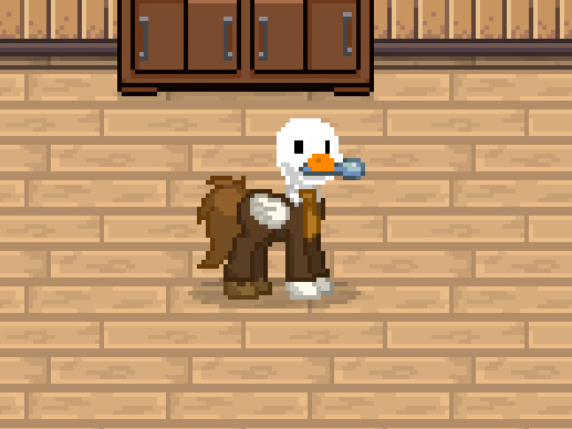 Size: 517x388 | Tagged: safe, derpibooru import, ponified, bird, goose, pegasus, pony, pony town, cafe, crossover, cursed image, dergunstown, derguntown, hod, lobotomy corporation, not salmon, pixel art, solo, spoon, untitled goose game, wat