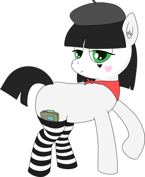 Size: 2236x2727 | Tagged: safe, artist:poniidesu, derpibooru import, oc, oc:silent clop, unofficial characters only, earth pony, pony, bandana, beret, black hair, black mane, clothes, colored, face paint, female, flat colors, green eyes, hat, lineart, mare, mime, pda, short hair, short mane, short tail, simple background, socks, solo, space station 13, stockings, striped socks, thigh highs, transparent background