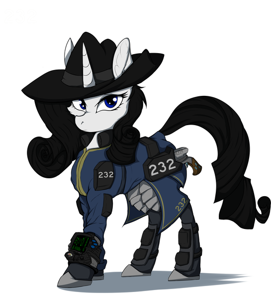 Size: 5000x5500 | Tagged: safe, artist:tatykin, derpibooru import, oc, oc:shadow spade, pony, unicorn, fallout equestria, fallout equestria: kingpin, fanfic, armor, armored legs, black eyeshadow, blank, blank of rarity, blue eyes, clothes, commissioner:genki, fanfic art, fedora, female, gun, handgun, hat, horn, justice mare, lawbringer, mare, not rarity, pipboy, pipbuck, revolver, shoes, solo, stable 232, unicorn oc, vault suit, weapon