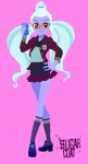 Size: 1199x2224 | Tagged: safe, artist:dadss_rootbeer, derpibooru import, sugarcoat, equestria girls, clothes, crystal prep academy uniform, drink, female, glass, glasses, hand on hip, kneesocks, legs, looking at you, pigtails, pink background, school uniform, simple background, smiling, socks, solo, twintails