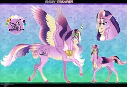 Size: 1326x911 | Tagged: safe, artist:bijutsuyoukai, derpibooru import, oc, oc:dawn treader, alicorn, pegasus, pony, colored wings, female, magical lesbian spawn, mare, multicolored wings, offspring, parent:fluttershy, parent:twilight sparkle, parents:twishy, reference sheet, solo, tail feathers, wings
