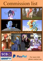 Size: 2480x3508 | Tagged: safe, artist:spinostud, derpibooru import, applejack, cloudchaser, fluttershy, princess luna, rainbow dash, sci-twi, twilight sparkle, oc, oc:littlepip, oc:tomyum, ponified, alicorn, anthro, bat pony, earth pony, pegasus, pony, unicorn, fallout equestria, 3d, advertisement, anthro with ponies, bat ponified, clothes, commission, commission info, equestria girls ponified, female, filly, flutterbat, glasses, mare, ponies riding ponies, race swap, riding, source filmmaker, woona, younger