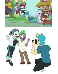 Size: 1027x1294 | Tagged: safe, artist:ponyretirementhome, derpibooru import, screencap, gabby, gallus, silverstream, spike, yona, dragon, gryphon, hippogriff, human, yak, equestria girls, camera, cute, diastreamies, equestria girls interpretation, equestria girls-ified, friendship, gabbybetes, gallabetes, human spike, humanized, not shipping, scene interpretation, screencap reference, spikabetes, winged spike, yonadorable