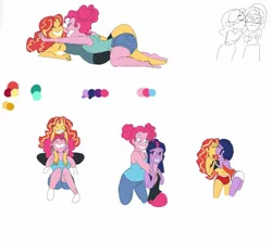 Size: 1280x1148 | Tagged: safe, artist:ponyretirementhome, derpibooru import, pinkie pie, sci-twi, sunset shimmer, twilight sparkle, equestria girls, cuddling, female, lesbian, polyamory, scisetpie, scitwishimmer, scitwishimmerpie, shipping, simple background, sitting, sunsetpie, sunsetsparkle, twinkie, white background