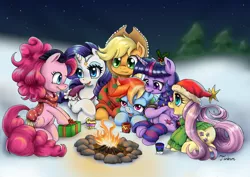 Size: 1700x1202 | Tagged: safe, artist:tarkron, derpibooru import, applejack, fluttershy, pinkie pie, rainbow dash, rarity, twilight sparkle, twilight sparkle (alicorn), alicorn, earth pony, pegasus, pony, unicorn, campfire, christmas, clothes, cute, fire, hat, holiday, mane six, night, present, santa hat, scarf, snow, sweater