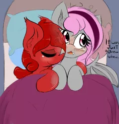 Size: 1159x1210 | Tagged: safe, artist:freefraq, derpibooru import, oc, oc:cherry slime, oc:lilac san, bat pony, goo, goo pony, original species, blushing, blushing profusely, sleeping, snuggling