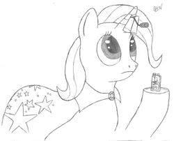 Size: 700x566 | Tagged: safe, artist:quint-t-w, derpibooru import, trixie, pony, unicorn, battery, cape, clothes, equestrian innovations, fake horn, looking up, old art, pencil drawing, simple background, solo, traditional art, trixie's cape, underhoof, white background