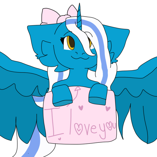 Size: 1280x1280 | Tagged: :3, alicorn, alicorn oc, artist:tobyisawkward, bow, cute, derpibooru import, hair bow, horn, looking at you, oc, oc:fleurbelle, safe, sign, smiling, wings, yellow eyes