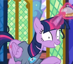 Size: 1076x939 | Tagged: safe, derpibooru import, screencap, twilight sparkle, twilight sparkle (alicorn), vinyl scratch, alicorn, pony, a trivial pursuit, bags under eyes, bell, clothes, crazy face, crazy grin, cropped, faic, female, folded wings, glowing horn, grin, horn, levitation, magic, magic aura, mare, pajamas, raised hoof, shrunken pupils, smiling, solo, telekinesis, twilight snapple, twilighting, wings