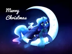 Size: 2568x1945 | Tagged: safe, artist:confetticakez, derpibooru import, princess luna, alicorn, pony, christmas, clothes, cute, ethereal mane, female, holiday, lunabetes, mare, moon, night, night sky, scarf, sky, solo, space, stars, tangible heavenly object, text