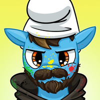 Size: 200x200 | Tagged: blue skin, derpibooru import, facial hair, hat, looking at you, oc, oc:tjrcx, paint, picture for breezies, safe, simple background, smurf hat, solo, unofficial characters only, yellow background