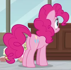 Size: 488x480 | Tagged: safe, derpibooru import, screencap, pinkie pie, earth pony, pony, the last laugh, balloonbutt, butt, cropped, female, mare, plot, solo