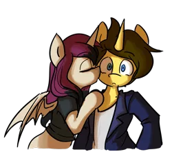 Size: 1168x1034 | Tagged: safe, artist:spheedc, derpibooru import, oc, oc:dream chaser, oc:svarlet batfire, unofficial characters only, alicorn, bat pony, bat pony alicorn, unicorn, bat wings, clothes, female, horn, kiss on the cheek, kissing, male, mare, simple background, stallion, transparent background, wings