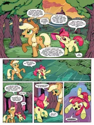Size: 768x1024 | Tagged: safe, artist:caseycoller, derpibooru import, idw, apple bloom, applejack, earth pony, pony, spoiler:comic, spoiler:comic85, apple, apple orchard, apple sisters, apple tree, comic, duo, female, filly, foal, food, mare, official comic, orchard, preview, siblings, sisters, speech bubble, spider web, tree