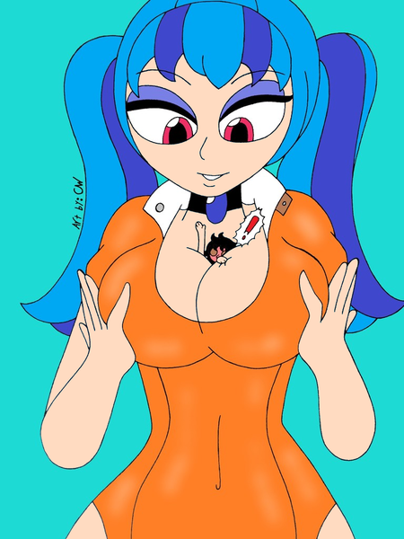 Size: 768x1024 | Tagged: questionable, artist:c_w, derpibooru import, edit, editor:undeadponysoldier, sonata dusk, human, equestria girls, bedroom eyes, boob squish, breasts, busty sonata dusk, clothes, cosplay, costume, diane, exclamation point, female, fetish, giantess, human coloration, human female, human male, jewelry, looking down, macro, male, pendant, recolor, straight, tiny