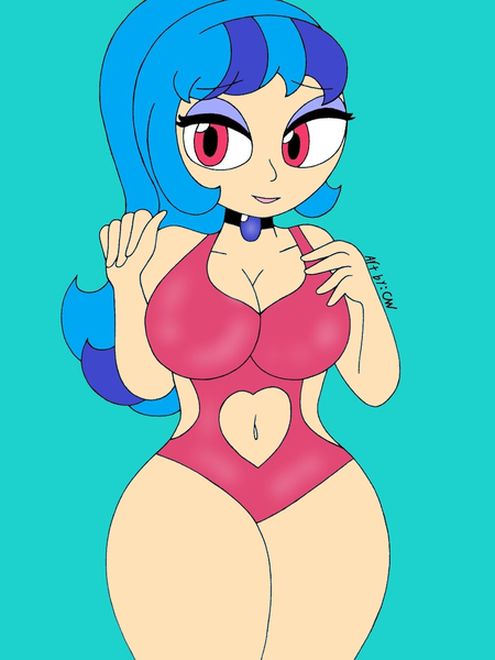 Size: 768x1024 | Tagged: suggestive, artist:c_w, derpibooru import, edit, editor:undeadponysoldier, sonata dusk, human, equestria girls, belly button, breasts, busty sonata dusk, cleavage, clothes, curvy, hips, hourglass figure, jewelry, looking at you, makeup, navel cutout, one-piece swimsuit, pendant, plump, ponytail, sexy, smiling, swimsuit, thick, thighs, wide hips