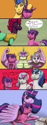 Size: 1400x3733 | Tagged: safe, artist:azurllinate, derpibooru import, fizzlepop berrytwist, flash sentry, princess flurry heart, shining armor, spike, tempest shadow, twilight sparkle, twilight sparkle (alicorn), oc, oc:dazzle shield, oc:prince dazzle shield, oc:spiral twinkle, alicorn, dracony, dragon, hybrid, pegasus, pony, unicorn, adult, adult spike, alicorn oc, armpits, arms out, aunt fizzie, black eye, book, broken horn, bruised, clothes, comic strip, eyes closed, family, female, flashlight, flexing, futurehooves, head rub, hoof touching, horn, interspecies, interspecies offspring, making faces, male, mama twilight, multicolored mane, muscles, muscular male, next gen:futurehooves, next generation, offspring, older, older spike, older twilight, parent:flash sentry, parent:rarity, parent:spike, parent:twilight sparkle, parents:flashlight, parents:sparity, reading, shipping, showing teeth, smiling, speech, speech bubble, straight, talking, text, when we were very young, wing blanket, wings