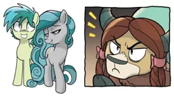 Size: 702x389 | Tagged: safe, derpibooru import, edit, idw, sandbar, swift foot, yona, yak, spoiler:comicfeatsoffriendship03, bow, cloven hooves, cropped, female, flirting, hair bow, implied yonabar, jealous, male, monkey swings, reaction, shipping, straight, swiftbar, this will end in pain, this will not end well, turned on, unamused, yona is not amused, yonabar