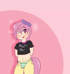 Size: 1800x1900 | Tagged: artist:lazerblues, belly button, blushing, clothes, crotch bulge, derpibooru import, flower, flower in hair, male, oc, oc:arbor, offspring, panties, parent:fluttershy, satyr, short shirt, side knot underwear, solo, solo male, striped underwear, suggestive, underwear