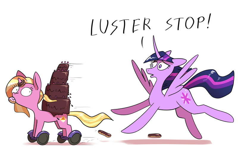 Size: 3508x2480 | Tagged: safe, artist:underpable, derpibooru import, luster dawn, princess twilight 2.0, twilight sparkle, twilight sparkle (alicorn), alicorn, pony, unicorn, the last problem, binge, cake, donut, food, older, older twilight, running, segway, swegway, thief, vehicle