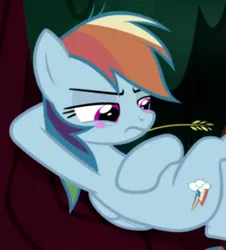 Size: 303x335 | Tagged: safe, derpibooru import, edit, edited screencap, screencap, mean rainbow dash, rainbow dash, pegasus, pony, the mean 6, blushing, clone, cropped, female, forest background, mare, on back, straw in mouth, tree, tree branch