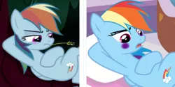 Size: 467x233 | Tagged: safe, derpibooru import, edit, edited screencap, screencap, mean rainbow dash, rainbow dash, pegasus, pony, derpibooru, the mean 6, blushing, clone, comparison, cropped, female, forest background, lesbian, mare, meta, on back, spa, straw in mouth, tree, tree branch