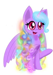 Size: 744x1052 | Tagged: safe, artist:auroraswirls, derpibooru import, oc, oc:aurora swirls, unofficial characters only, alicorn, pony, :d, alicorn oc, female, horn, mare, multicolored hair, open mouth, rainbow hair, simple background, smiling, solo, underhoof, white background, wings