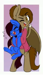 Size: 2779x4810 | Tagged: safe, artist:nomipolitan, derpibooru import, oc, oc:crumpets, oc:yan, bat pony, pony, semi-anthro, glasses, happy, hug, hug from behind