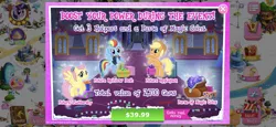 Size: 2436x1125 | Tagged: safe, derpibooru import, official, applejack, fluttershy, rainbow dash, twilight sparkle, twilight sparkle (alicorn), alicorn, earth pony, pegasus, pony, the last problem, advertisement, costs real money, crack is cheaper, crown, game screencap, gameloft, jewelry, magic coins, older, older applejack, older fluttershy, older rainbow dash, present, regalia