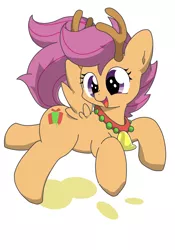 Size: 1286x1832 | Tagged: safe, artist:yasumitsu, artist:yasumitsu_shiba, derpibooru import, scootaloo, deer, pegasus, pony, reindeer, animal costume, antlers, bell, bell collar, christmas, clothes, collar, costume, cute, cutealoo, female, filly, holiday, open mouth, pixiv, reindeer antlers, reindeer costume, simple background, solo, white background