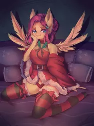 Size: 2496x3330 | Tagged: adorasexy, alternate hairstyle, anthro, artist:cosyosy, bare shoulders, belt, blushing, bow, breasts, christmas, clothes, costume, cute, derpibooru import, female, fluttershy, high res, holiday, kneeling, looking at you, mare, panties, pegasus, pillow, plantigrade anthro, santa costume, sexy, sexy santa costume, shyabetes, sitting, socks, solo, solo female, spread wings, stockings, striped socks, suggestive, thigh highs, underwear, wings