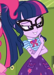 Size: 752x1035 | Tagged: safe, derpibooru import, screencap, pinkie pie, sci-twi, twilight sparkle, equestria girls, equestria girls series, holidays unwrapped, spoiler:eqg series (season 2), bowtie, canterlot high, clothes, collar, cropped, cute, female, geode of telekinesis, glasses, high school, jewelry, lidded eyes, lockers, magical geodes, o come all ye squashful, pockets, ponytail, raised eyebrow, shirt, short sleeves, skirt, smiling