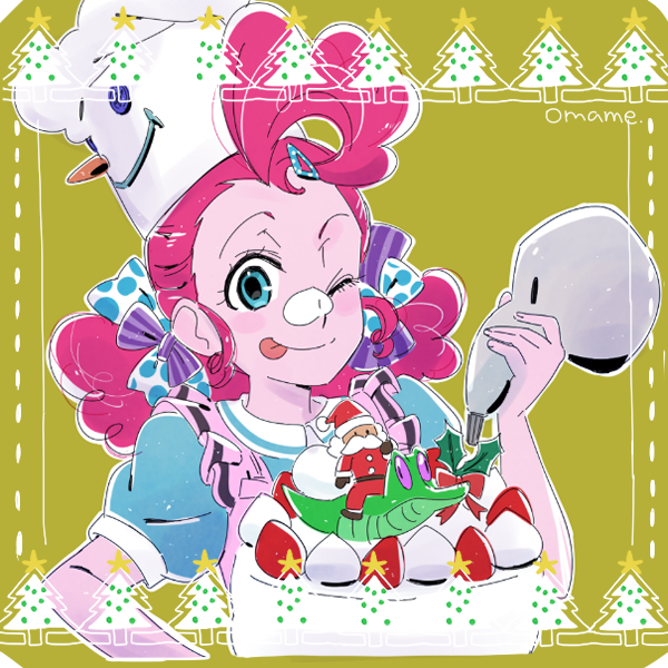 Size: 600x600 | Tagged: safe, artist:5mmumm5, derpibooru import, part of a set, gummy, pinkie pie, equestria girls, :p, anime, bow, cake, christmas, christmas tree, cute, diapinkes, female, food, frosting, hair bow, holiday, icing bag, looking at you, one eye closed, pigtails, santa claus, solo, tongue out, tree, wink