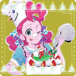 Size: 600x600 | Tagged: safe, artist:5mmumm5, derpibooru import, part of a set, gummy, pinkie pie, equestria girls, :p, anime, bow, cake, christmas, christmas tree, cute, diapinkes, female, food, frosting, hair bow, holiday, icing bag, looking at you, one eye closed, pigtails, santa claus, solo, tongue out, tree, wink