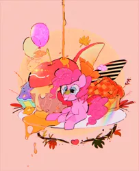 Size: 2048x2520 | Tagged: safe, artist:poneko-chan, derpibooru import, pinkie pie, earth pony, pony, :p, abstract background, apple, balloon, cupcake, cute, diapinkes, female, flower, food, heart, high res, honey, leaf, mare, pie, pixiv, ponies in food, prone, solo, tongue out