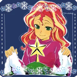 Size: 600x600 | Tagged: safe, artist:5mmumm5, derpibooru import, part of a set, sunset shimmer, equestria girls, anime, christmas, christmas tree, cute, decorating, decoration, female, holiday, lidded eyes, looking at you, shimmerbetes, snow, snowflake, solo, stars, tree