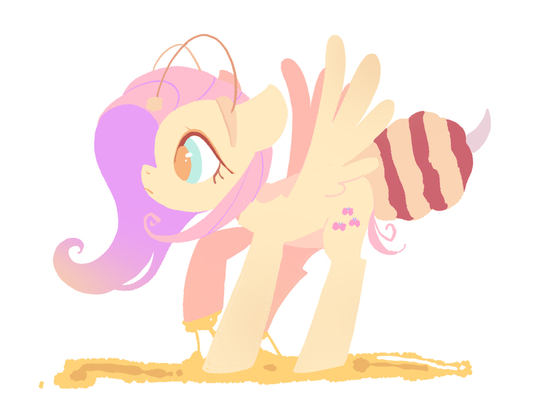 Size: 1201x901 | Tagged: safe, artist:poneko-chan, derpibooru import, fluttershy, bee, insect, pegasus, pony, animal costume, bee costume, clothes, colored pupils, costume, cute, female, flutterbee, food, honey, mare, pixiv, profile, shyabetes, simple background, solo, spread wings, white background, wings