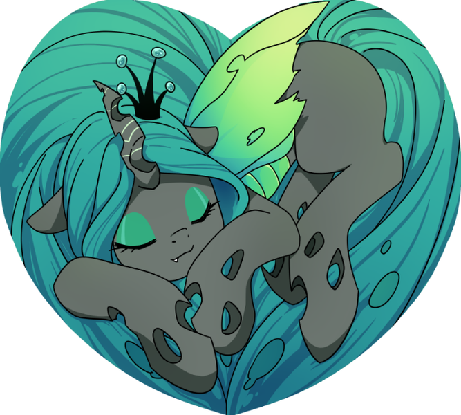 Size: 724x651 | Tagged: alternate version, artist:yukandasama, changeling, changeling queen, crown, cute, cutealis, derpibooru import, eyes closed, female, heart, heart pony, jewelry, quadrupedal, queen chrysalis, regalia, safe, simple background, sleeping, solo, white background