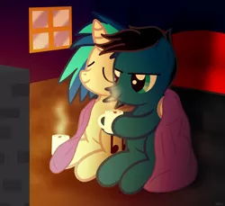 Size: 3600x3300 | Tagged: safe, artist:agkandphotomaker2000, derpibooru import, vinyl scratch, oc, oc:pony video maker, pony, blanket, canon x oc, chimney, chocolate, couch, female, fire light, food, hot chocolate, male, shipping, snuggling, straight, town view, videoscratch, warm