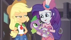 Size: 1920x1080 | Tagged: safe, derpibooru import, edit, edited screencap, screencap, applejack, rarity, spike, spike the regular dog, dog, equestria girls, equestria girls series, rarity investigates: the case of the bedazzled boot, clothes, dress, female, hat, jewelry, lesbian, necklace, rarijack, shipping