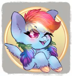 Size: 1100x1150 | Tagged: safe, artist:muffy-chuchu, derpibooru import, rainbow dash, pegasus, pony, abstract background, blushing, bust, chest fluff, cute, dashabetes, ear fluff, female, fluffy, looking at you, mare, one eye closed, open mouth, solo, unshorn fetlocks, wink