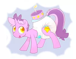 Size: 2256x1757 | Tagged: suggestive, artist:cuddlehooves, derpibooru import, oc, oc:starling, unofficial characters only, pony, unicorn, birthday cake, cake, diaper, diaper fetish, fetish, food, male, poofy diaper, solo