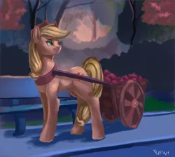 Size: 1280x1148 | Tagged: safe, artist:vell221, derpibooru import, applejack, earth pony, pony, apple, apple cart, bench, cart, female, food, mare, solo, tree